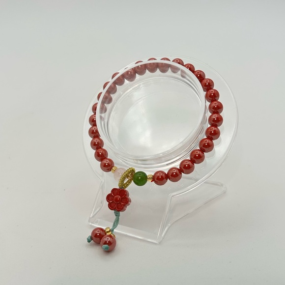 SOLD.  High Quality Red Cinnabar with Flower Bracelet - Picture 1 of 3